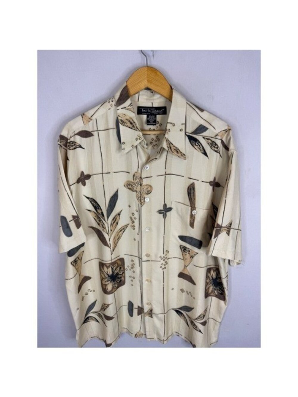 Tori Richard Mens XL Silk Button Up Shirt Cream Tan Abstract Floral Aloha Resort